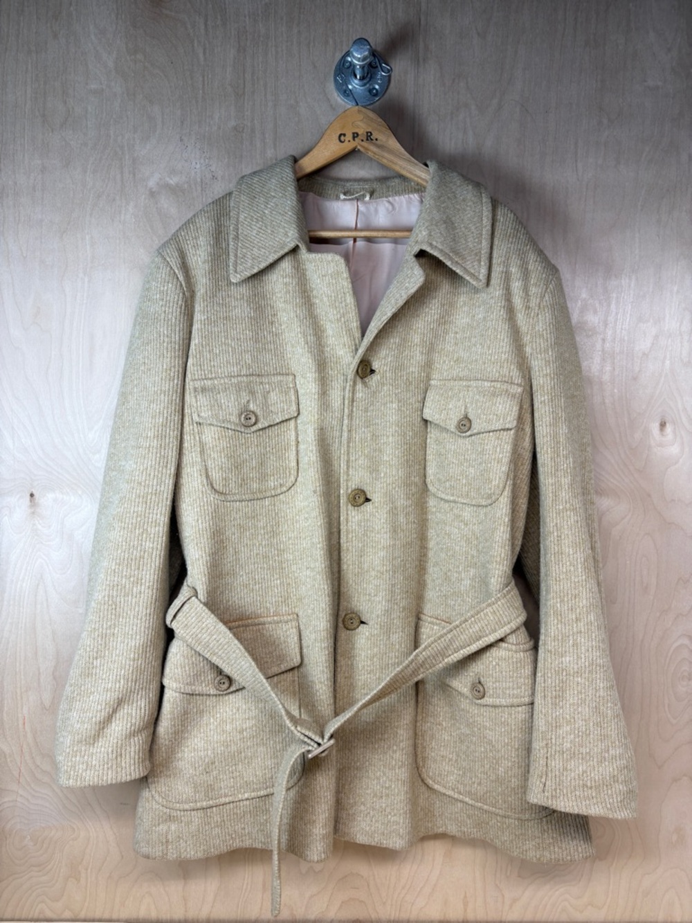 Men's Beige Wool-Blend Military Field Coat with Belt